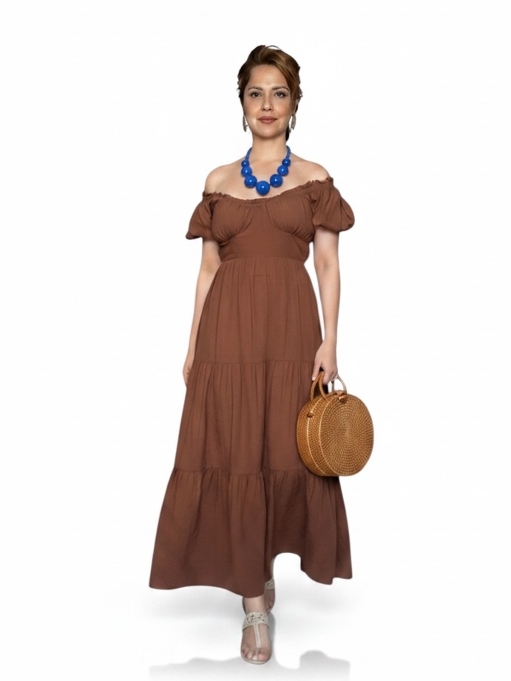Sim & Sam Off-Shoulder Tiered Maxi Dress in Brown small